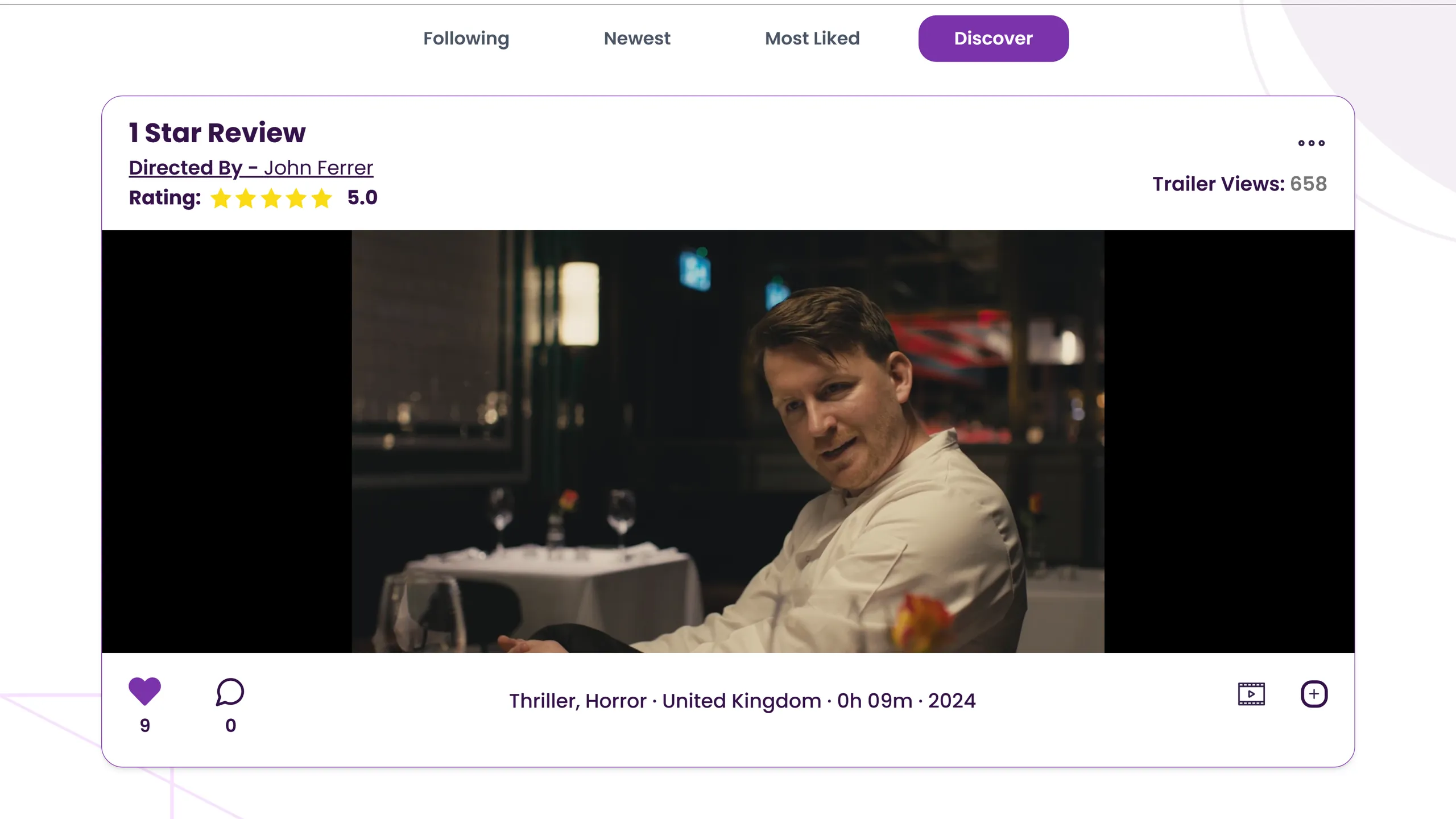 Kinoora scrollable cinematic discovery feed showing a 16:9 indie film trailer interface.