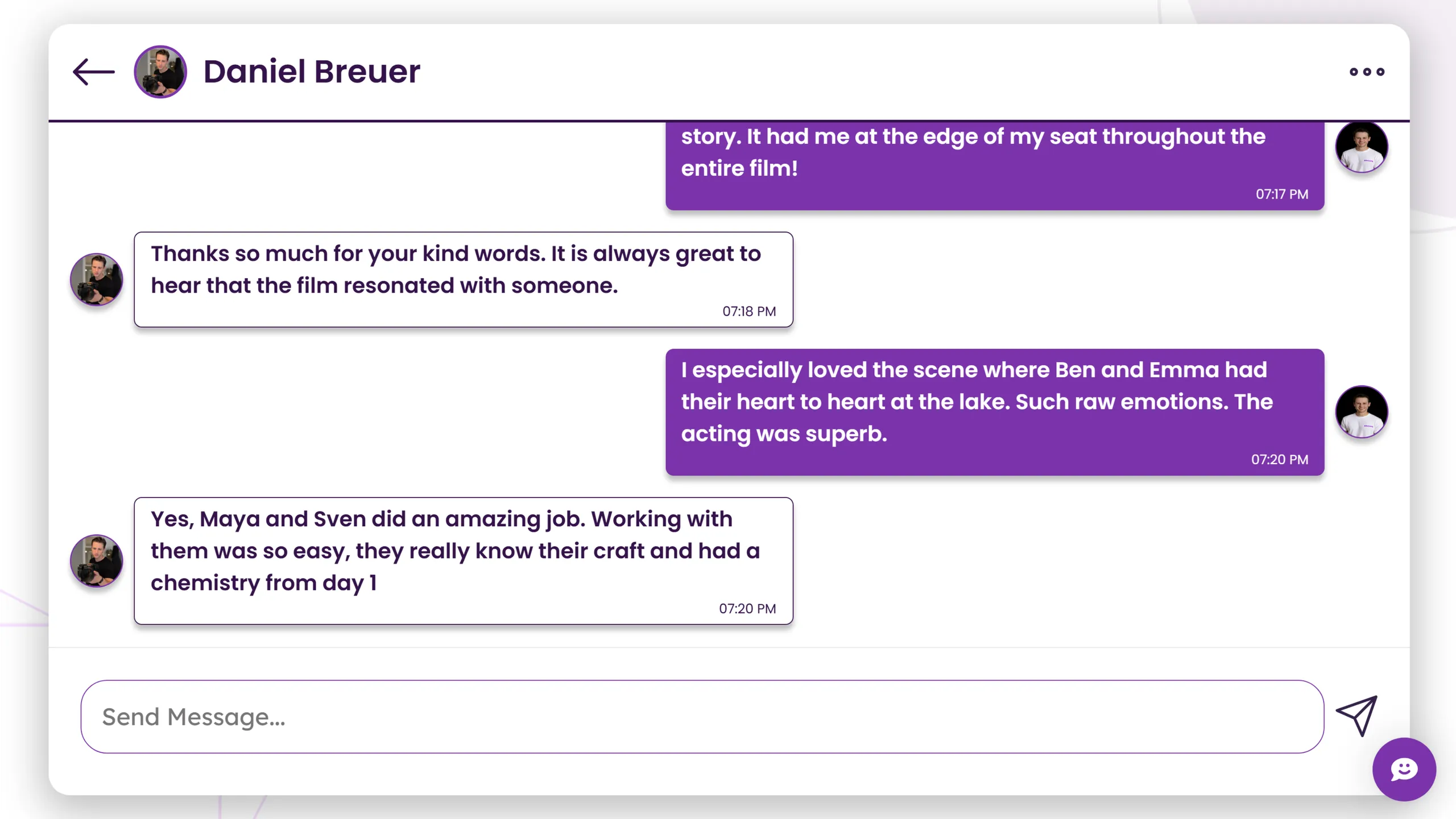 Kinoora integrated messenger interface for direct communication between viewers and indie filmmakers.