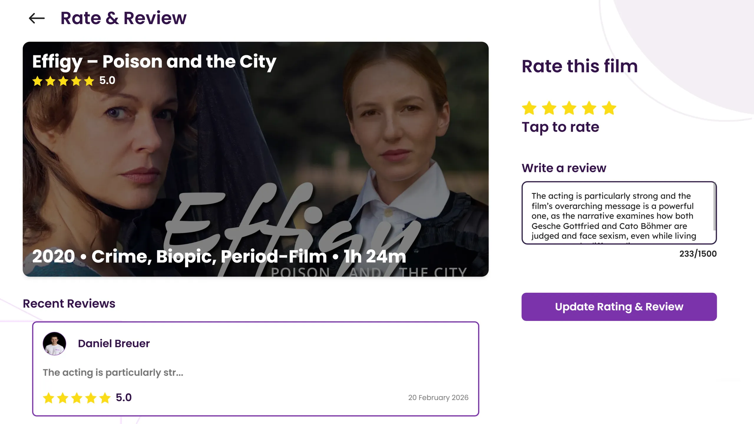 kinoora community interface showing user ratings, reviews, and direct messaging with independent filmmakers.