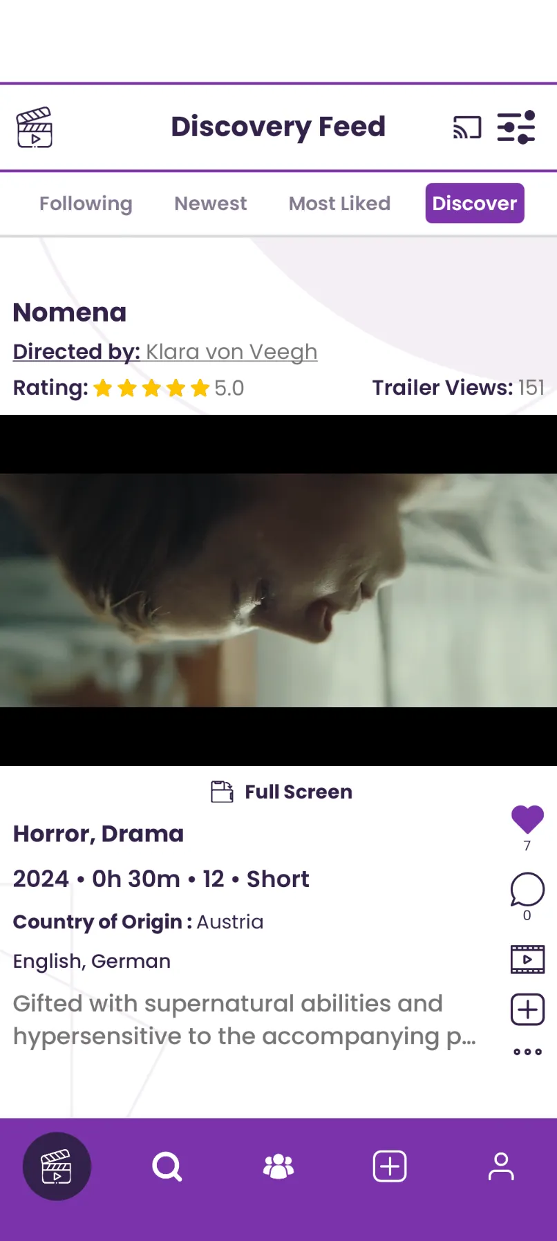 kinoora 16:9 scrollable cinematic discovery feed displaying indie film and series trailers on a mobile phone.