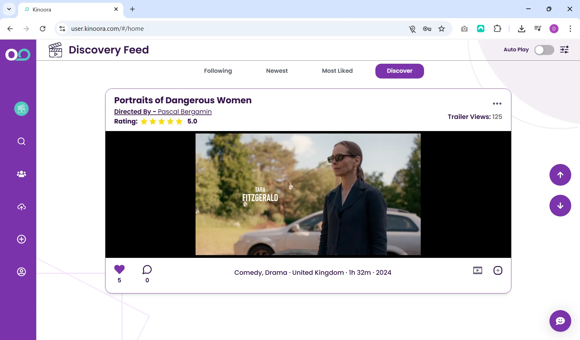 kinoora 16:9 scrollable cinematic discovery feed displaying indie film and series trailers on a laptop.